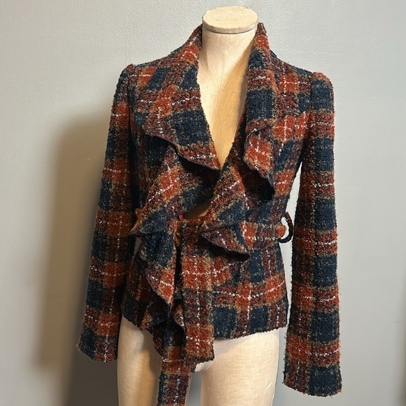 Anthropologie Tabitha Blue Waist Tie Tweed Ruffle Collar Plaid Wool Blazer Sze 0 - Picture 12 of 16
